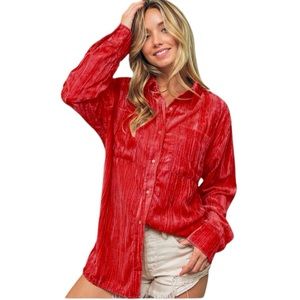 Women’s Red Velvet Pocketed Button-Down Shirt NWT